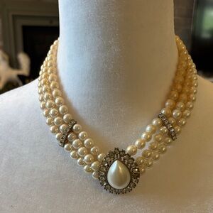 Estate Faux triple-strand Pearl Choker Necklace with Silver Details 1